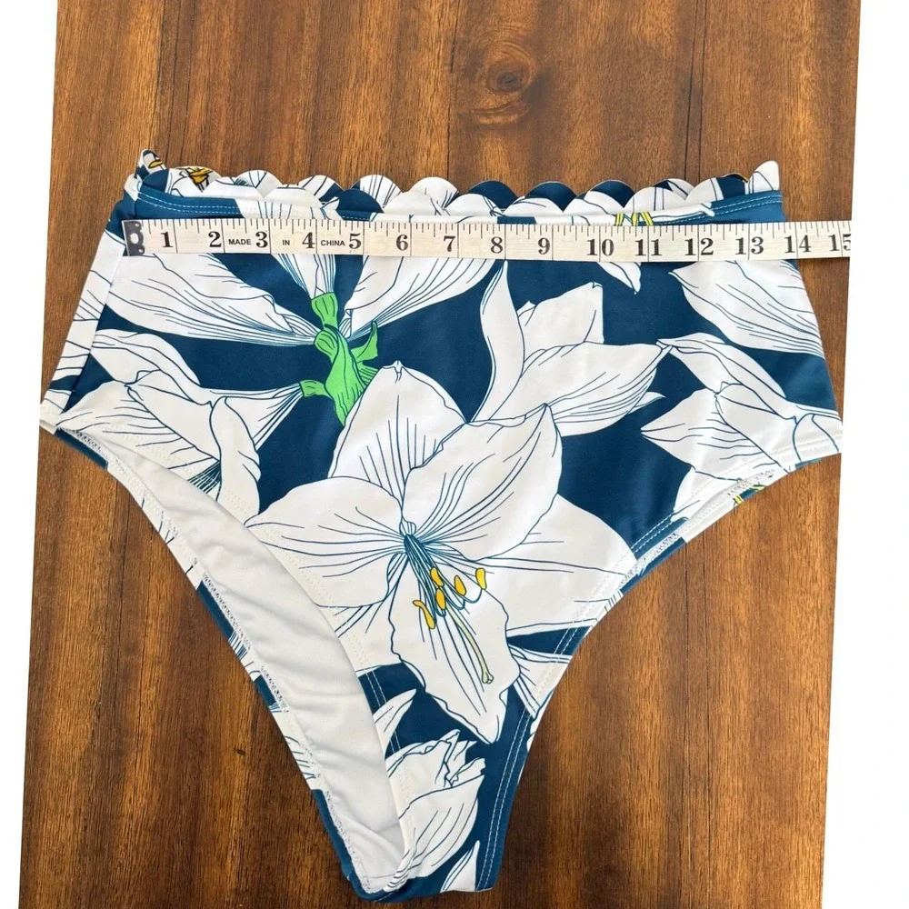 Cupshe Womens XL Bikini‎ Set Mustard Scallop Top Blue Floral High Waist Bottoms